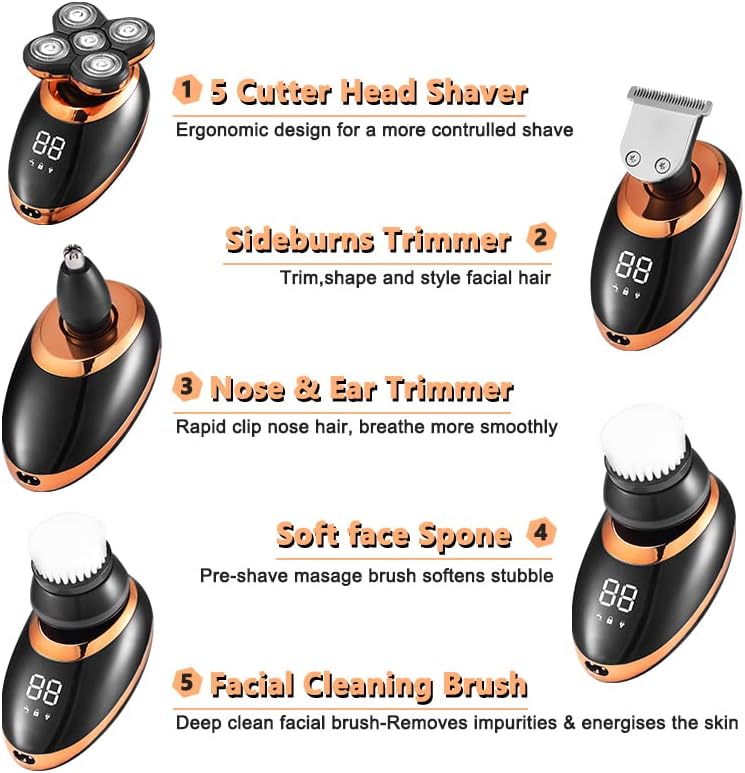 Head Shavers for Bald Men, Electric Shaver For Men Beard Hair Trimmer Electric Razor 5D Floating Five Blade Heads Electric Nose Hair Trimmer LCD Display (Color : Golden Package A)
