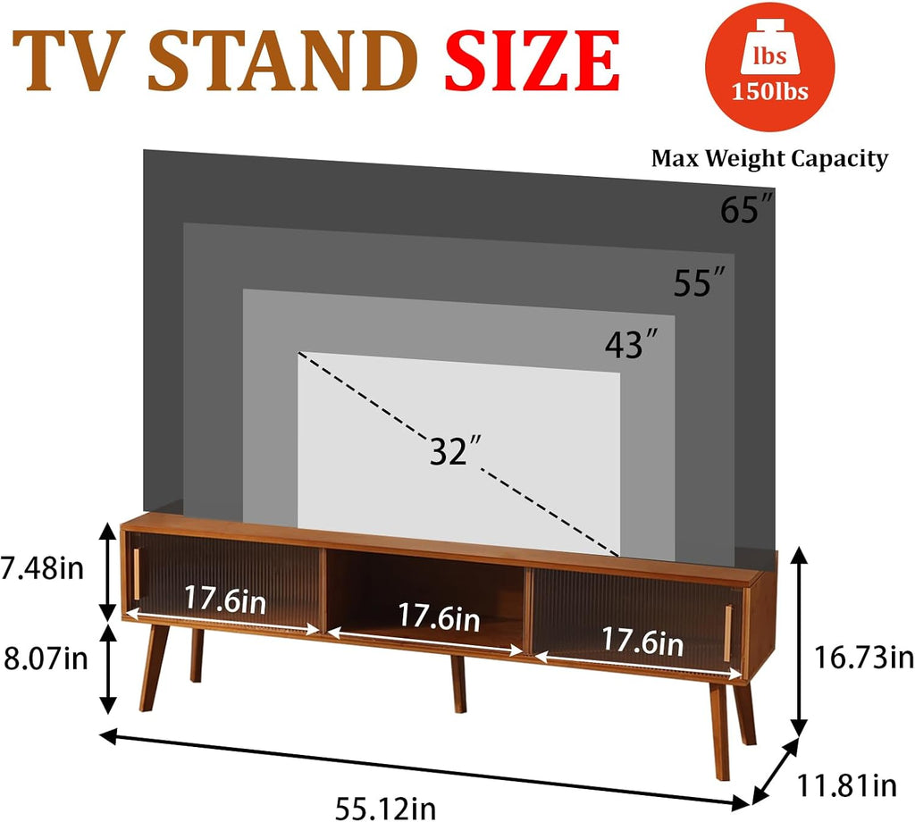 Baveke Bamboo TV Stand Entertainment Center tv Console, Mid-Century Modern Television Stand for 55-65 inch TVs, Wood TV Stand with Storage, Tv Stands for Living Room, Bedroom and Home Decor, Brown