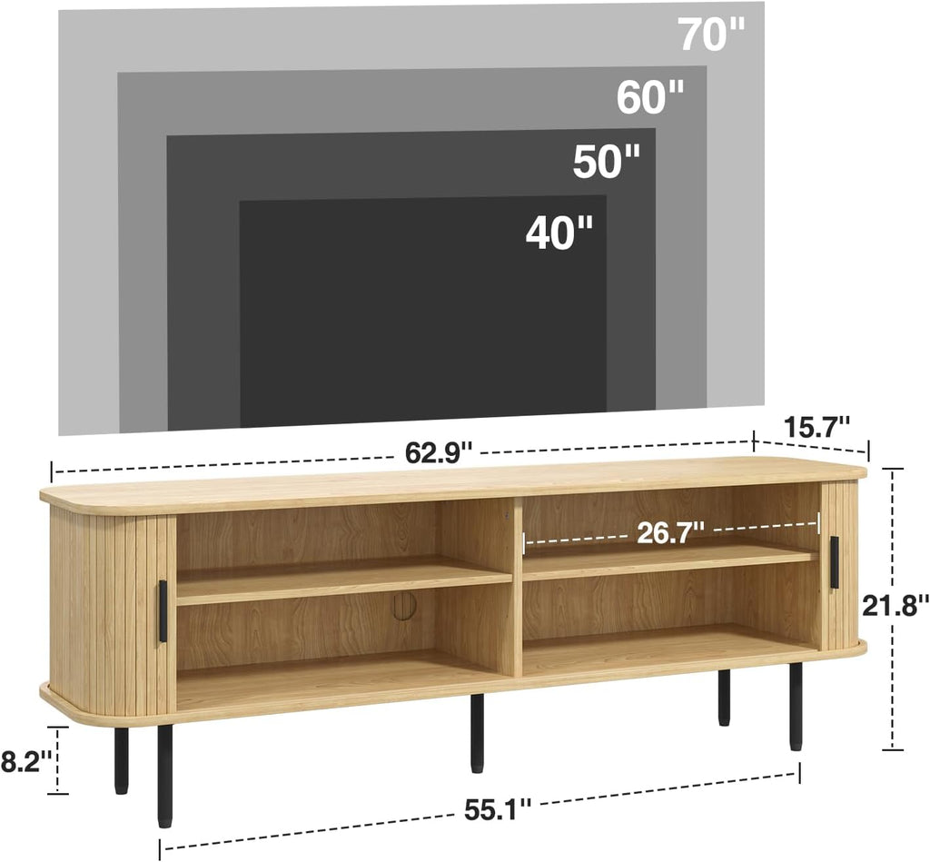 FiveWillowise 63' Natural Fluted TV Stand for TVs up to 75 Inch, Gaming Entertainment Center with Tambour Slatted Sliding Doors and Storage Cabinet, Media TV Consoles Table for Living Room, Office