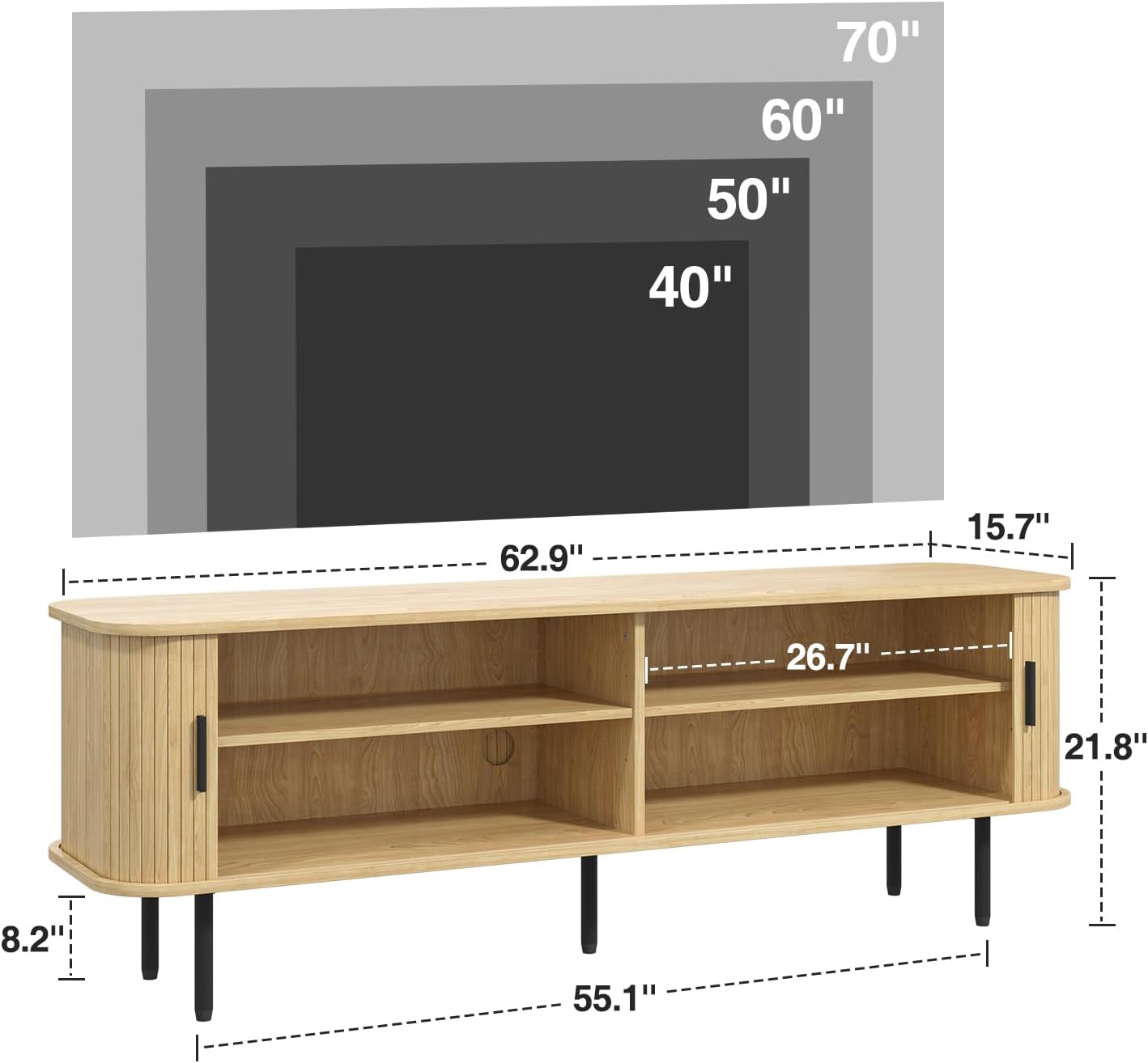 FiveWillowise 63' Natural Fluted TV Stand for TVs up to 75 Inch, Gaming Entertainment Center with Tambour Slatted Sliding Doors and Storage Cabinet, Media TV Consoles Table for Living Room, Office