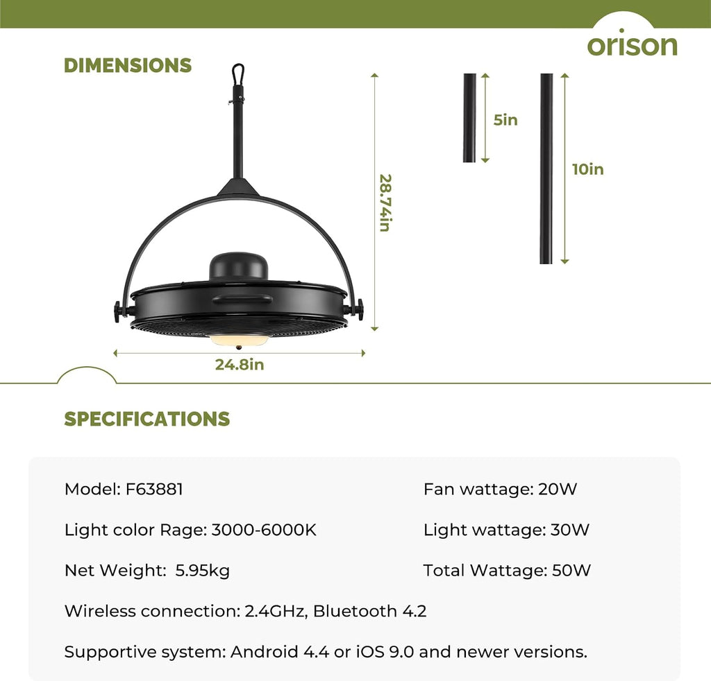 Orison 24.8'' Waterproof Outdoor Ceiling Fan, 6 Speed Ceiling Mounted Plug-In Cord Garage Fan with Remote&APP, 360-degree Manual Vertical Rotation, Hook hanging for Gazebo, Patio, Pergola (Black)
