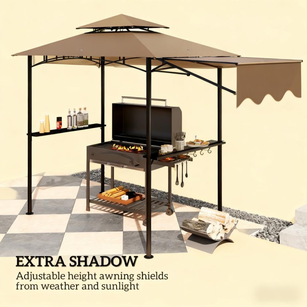 GOWE Ventilated Barbecue Gazebo Shelter,Outdoor Grill Gazebo,with Side Awning,Side Shelves and Hooks
