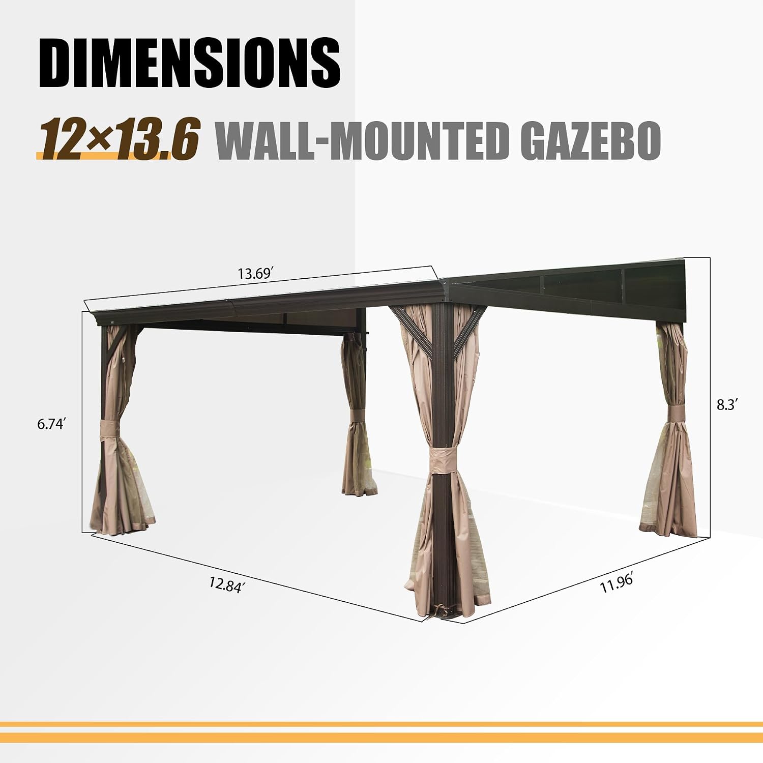 Domi 12x14FT Lean to Gazebo, Hardtop Wall Mounted Gazebo with Sloping Galvanized Steel Roof, Wall Pergola with Aluminum Frame, Curtains and Netting, for Patio, Deck, Garden, Backyard