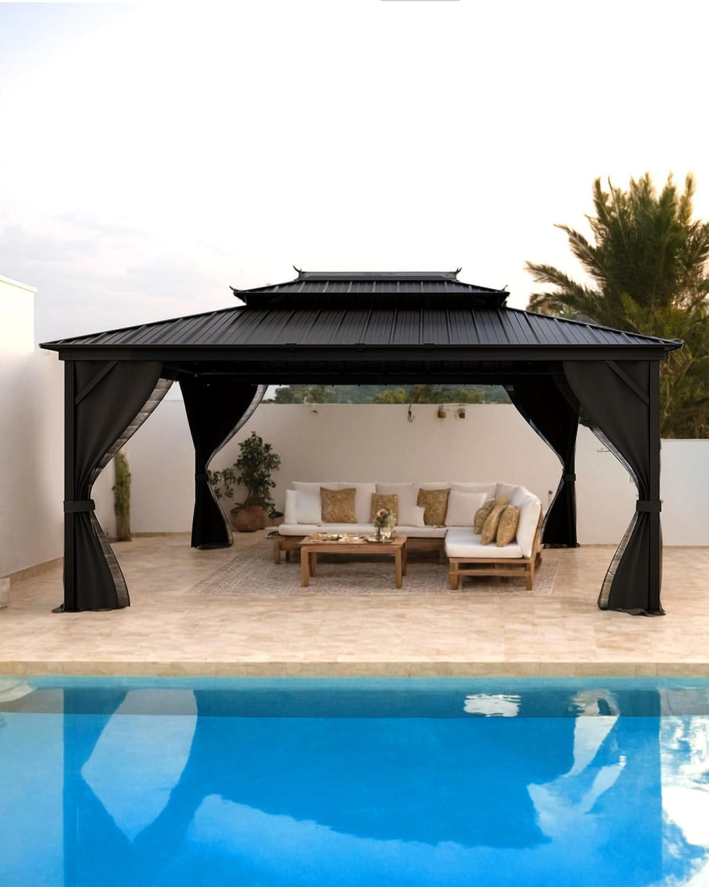 GAOMON Hardtop Gazebo 12'x16' for All Weather, with Double Metal Roof, Aluminum Alloy Frame, Net, and Curtain, Permanent Building of Backyard Luxury for Patio, Deck, Backyard, Lawn, and Garden, Gray