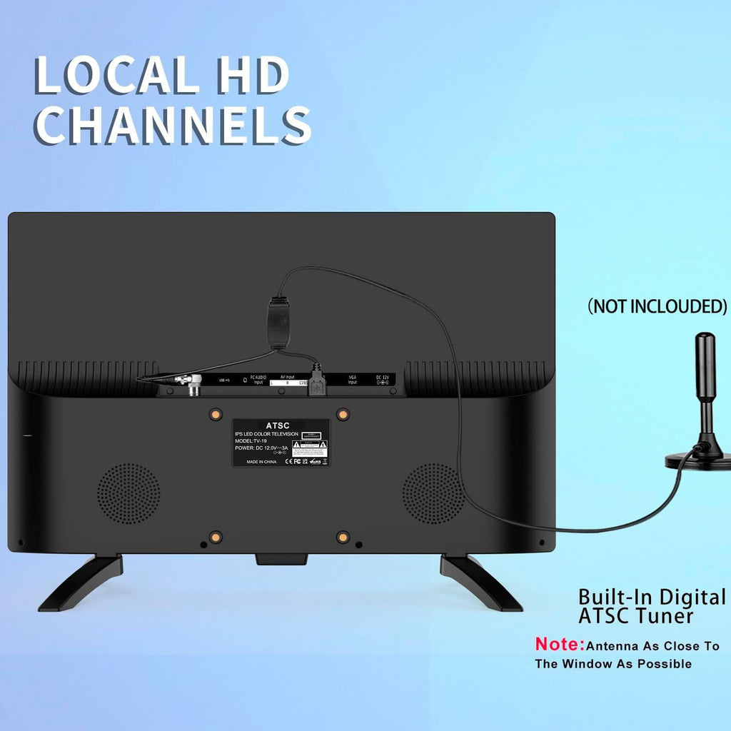 Feihe 19 Inch HD LED Flat Screen TV 1080p IPS Display w/Digital Dual Tuners ATSC/HDMI/VGA/AV/USB, 12 Volt RV TV Built in Dual Speakers Suitable for Kitchen/RV/Caravan and Boat(Not Smart TV)