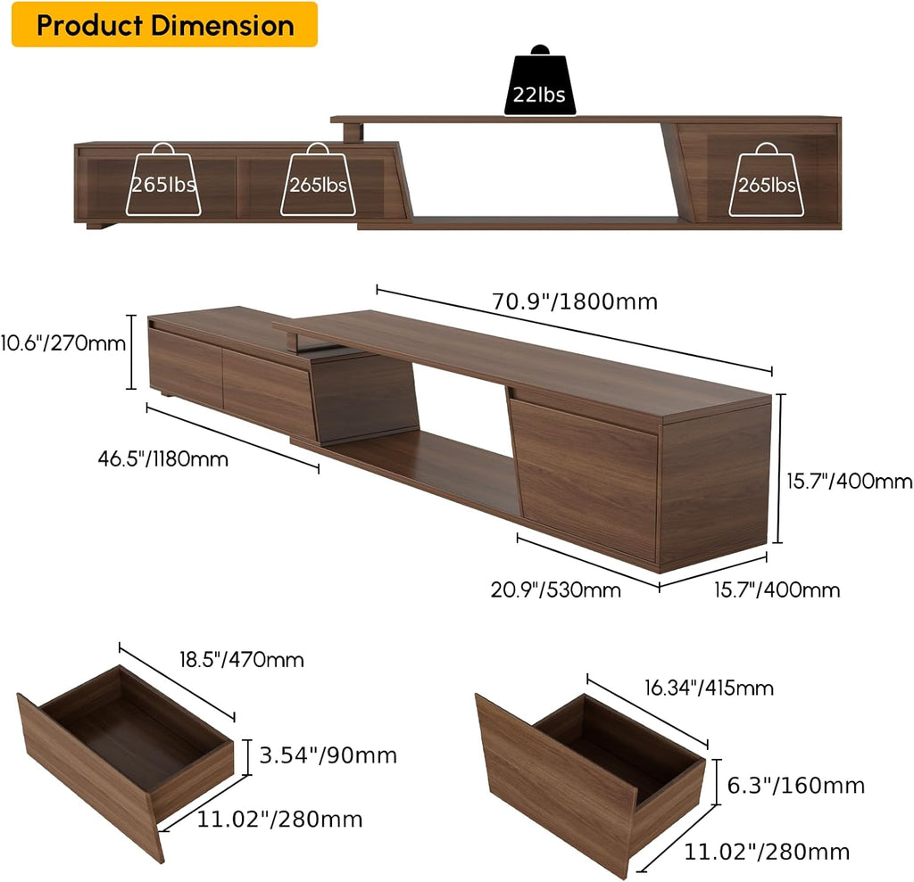 homary TV Stand for Living Room, Walnut Extendable Media Console, Minimalist Media Entertainment Center with 3 Drawers, Adjustable TV Stand for Up to 110 Inch TVs