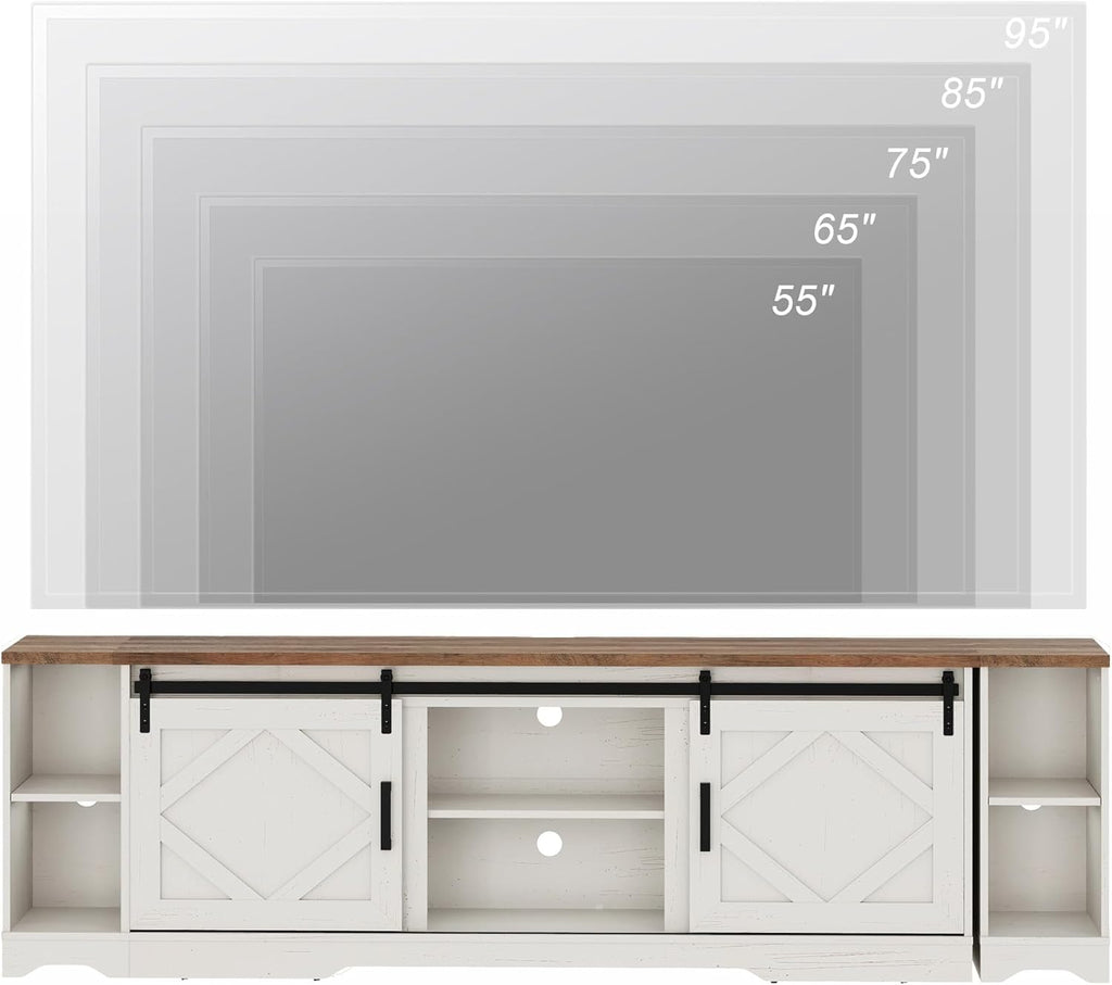 WAMPAT 3-in-1 Modern Farmhouse TV Stand for up to 95' TV, 25.6' H Wood Entertainment Center with Sliding Barn Door and Adjustable Media Storage Shelf for Living Room, Antique White