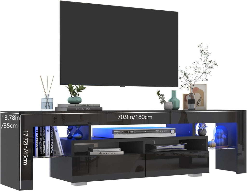 Vinctik 6&Fox 70in LED TV Stand for 75/80/85 inch TV,Modern Black TV Stands for Living Room,High Gloss TV Entertainment Center with 2 Large Storage Drawer,APP RGB Light,TV Console(71in Black)