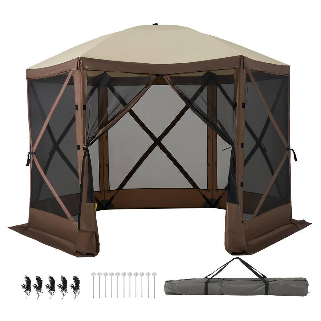 Aoxun 10x10FT Pop Up Canopy Tent, 6-Sided Pop-up Gazebo Screen Tent with Mesh Windows, Outdoor Canopy Shelter Tent with Carrying Bag, Large Shade Tents for Camping, Backyard, Patio, Lawn, Brown