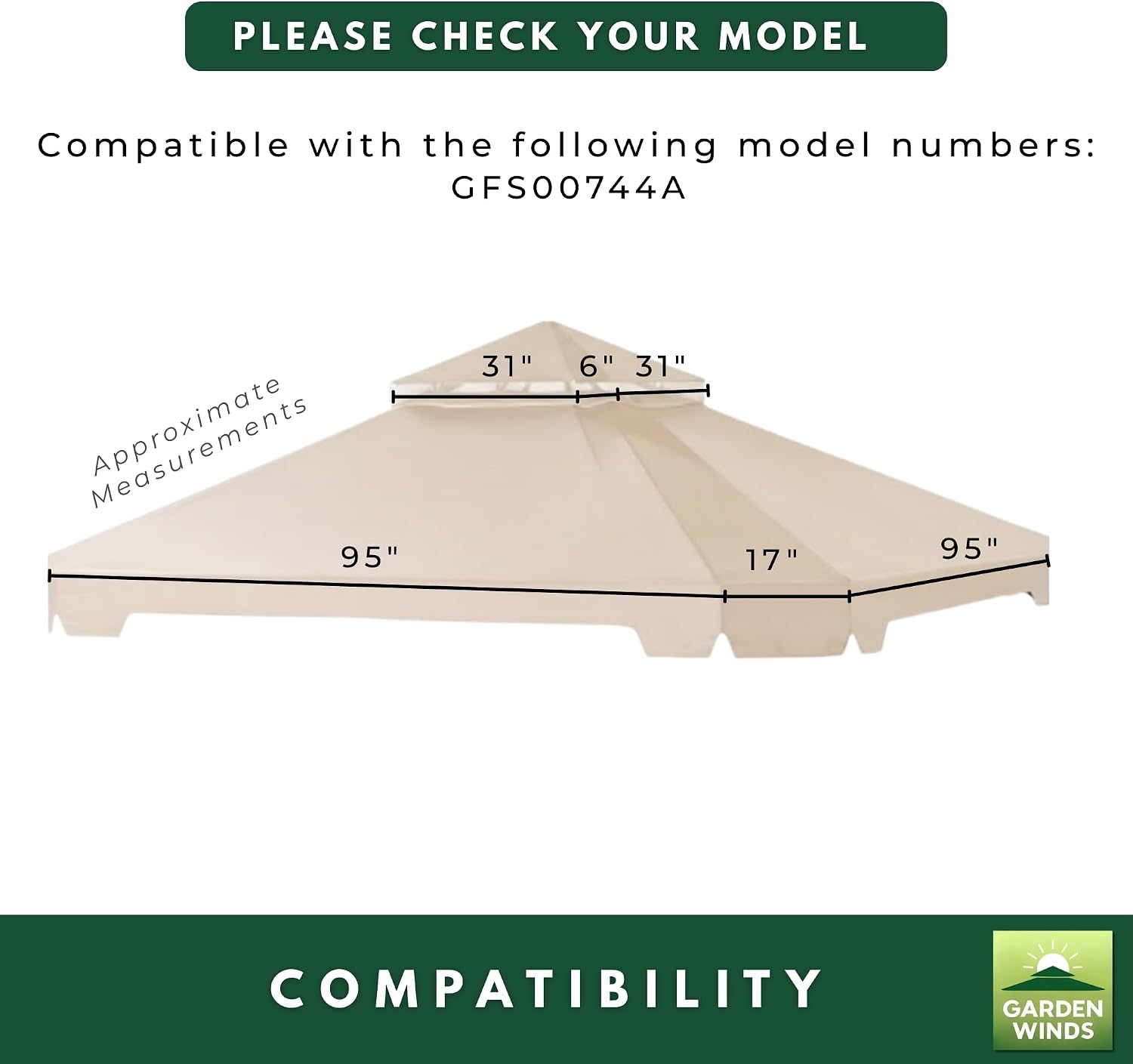 Garden Winds Reinforced RipLock 350 Replacement Canopy Top Cover Compatible with Cottleville 10' x 10' Gazebo Model GFS00744A - Green