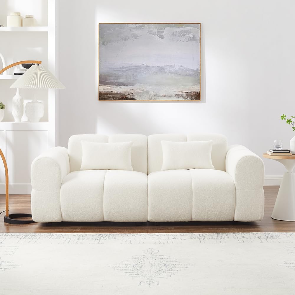 80' Modern Sofa Couch, Comfy Deep Seat Teddy Cloud Sofa, Upholstered 3-Seater Boucle Couch, Oversized Loveseat for Living Room, Bedroom, Office, Apartment(White)