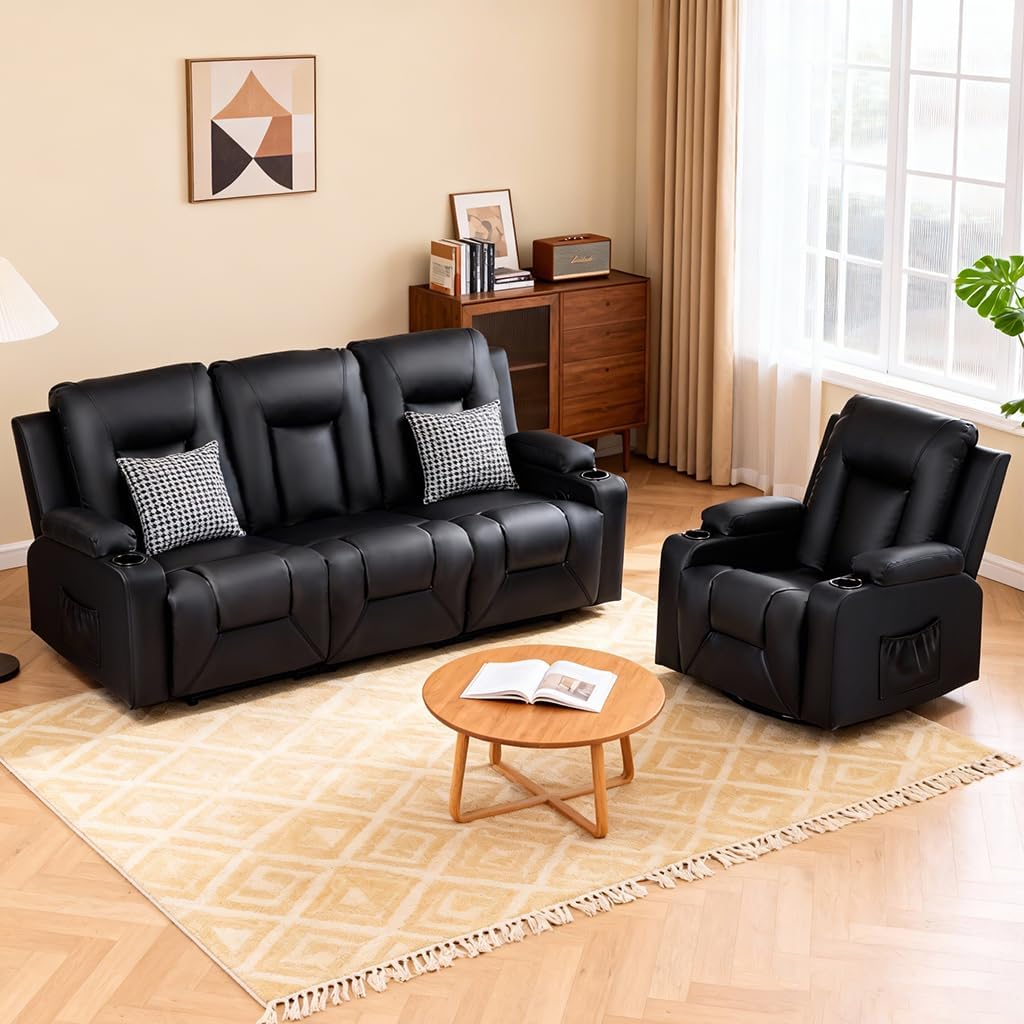 COMHOMA Living Room Furniture Set,Faux Leather Manual Recliner Sofa Sets with Cup Holders,Reclining Couch,Loveseat and Armchair,3+1,Black