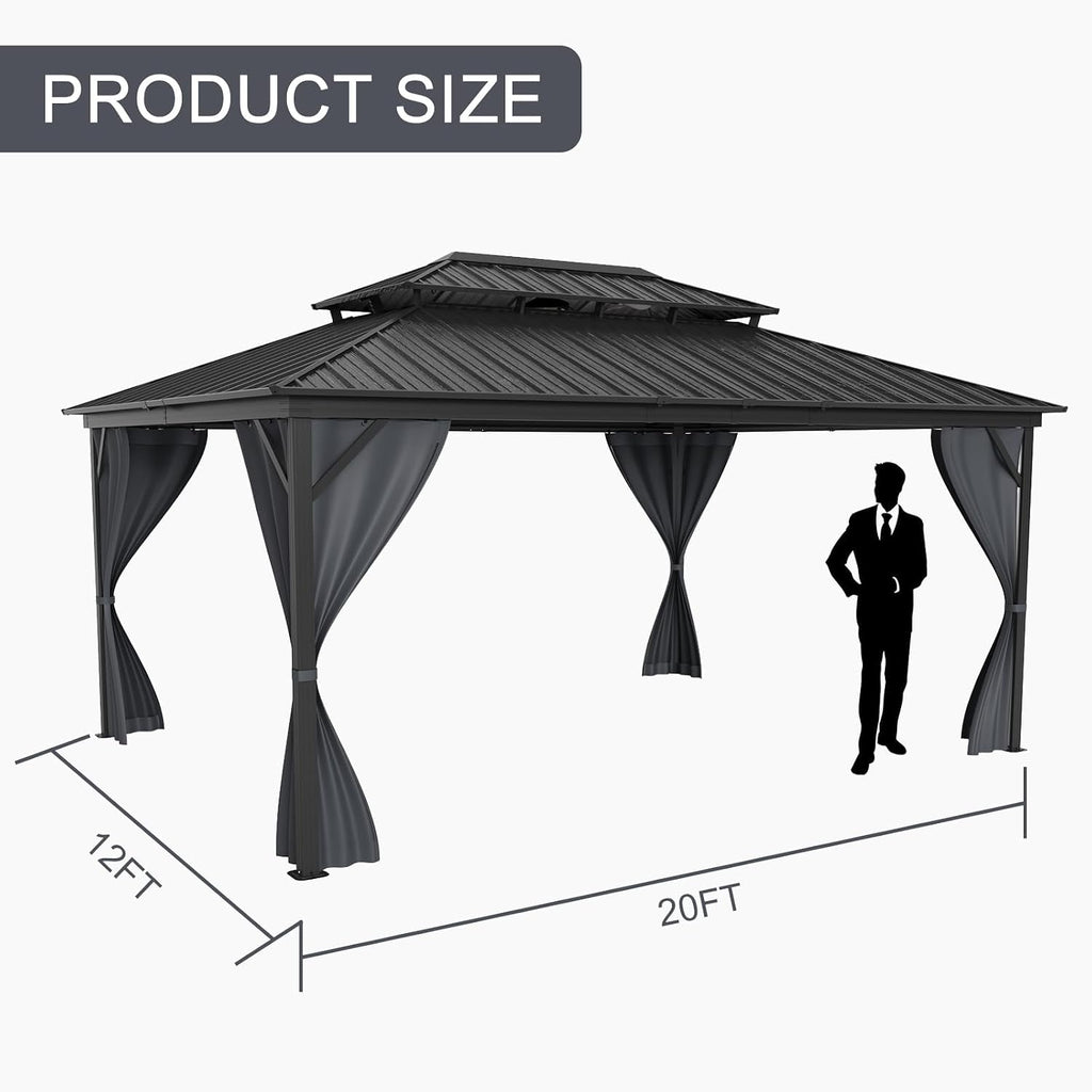 12'x16' Hardtop Gazebo - Heavy Duty Galvanized Steel Frame with Double Roof, Includes Netting & Curtains for Patio/Backyard (Gray)