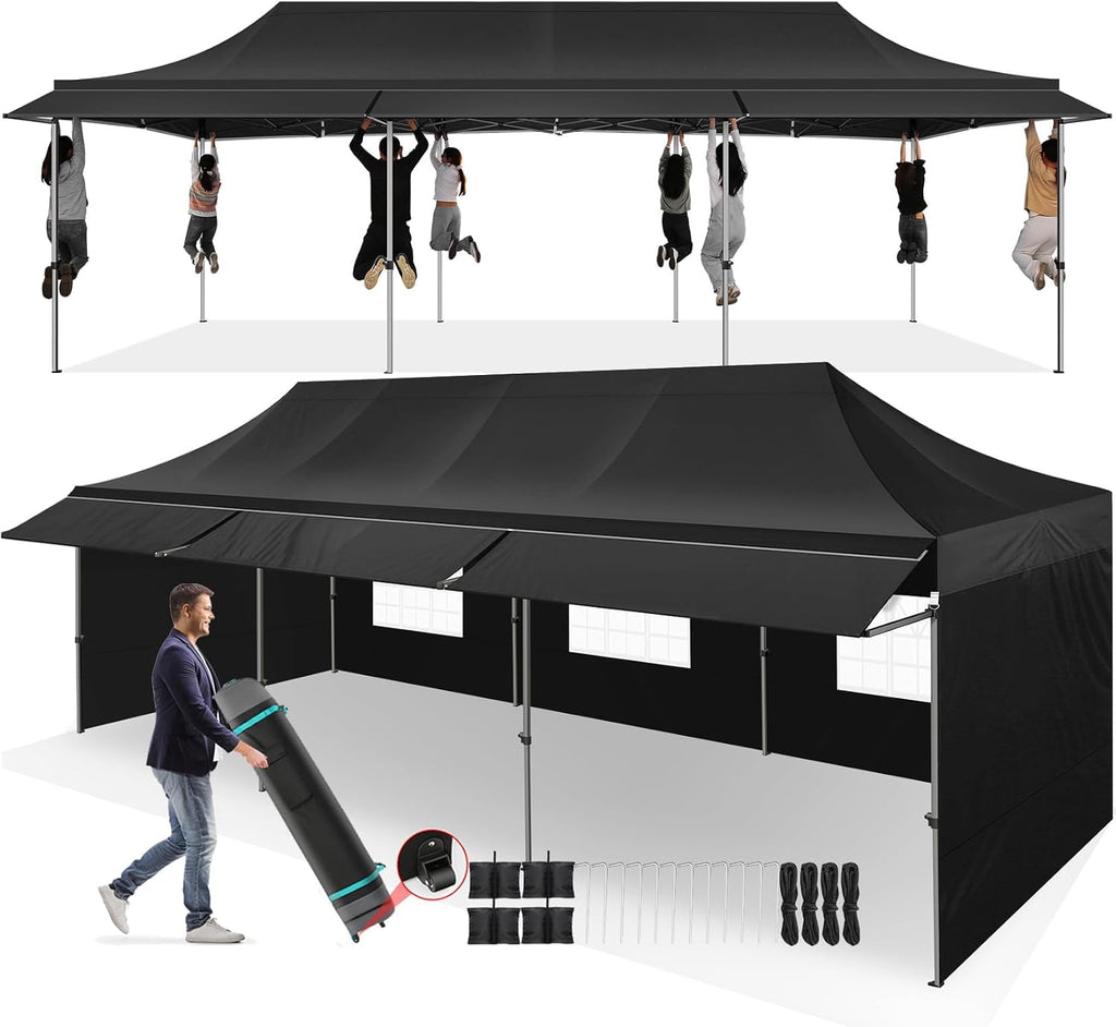 COBIZI 10x30 Pop Up Canopy Tent with Awning,Heavy Duty Canopy UPF 50+ All Season Wind Waterproof Commercial Outdoor Street Vendors Party Tents for Parties Gazebo with Roller Bag(10 x 30 ft Black)