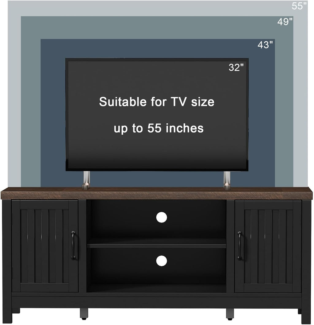 ChooChoo Farmhouse TV Stand for Televisions up to 55 inches, Entertainment Center Console Table Media Furniture with Storage Cabinets and Open Shelves, Fluted Door, for Living Room Bedroom, Black