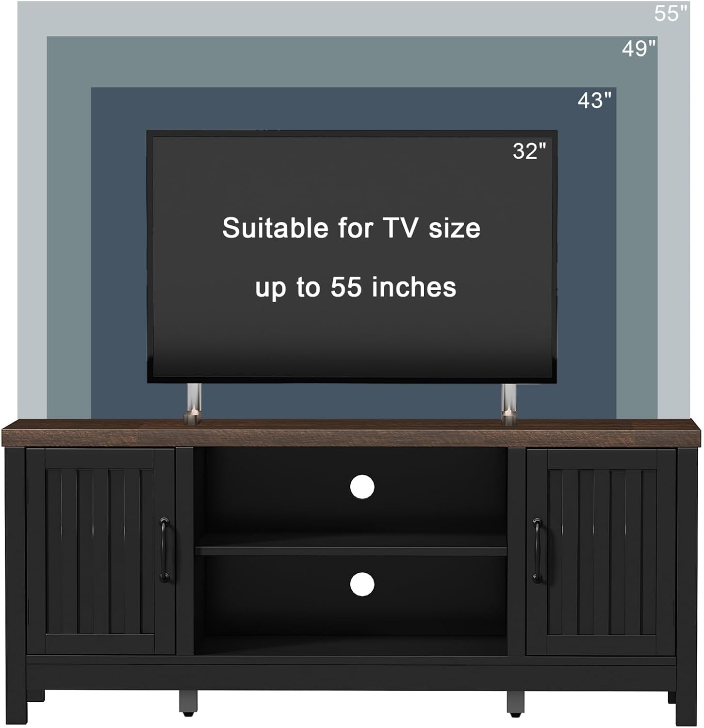 ChooChoo Farmhouse TV Stand for Televisions up to 55 inches, Entertainment Center Console Table Media Furniture with Storage Cabinets and Open Shelves, Fluted Door, for Living Room Bedroom, Black