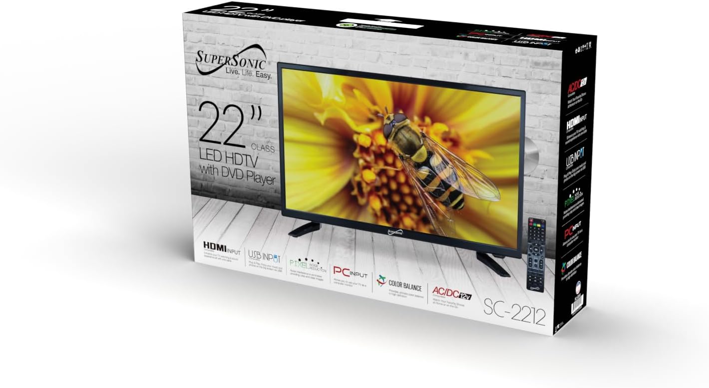 Supersonic SC-2212 22-Inch HDTV with Stunning 1080p Quality, Vibrant Colors, DVD Player, HDMI, USB, PC Monitor and AC/DC Compatibility - Perfect RV & Kitchen TV