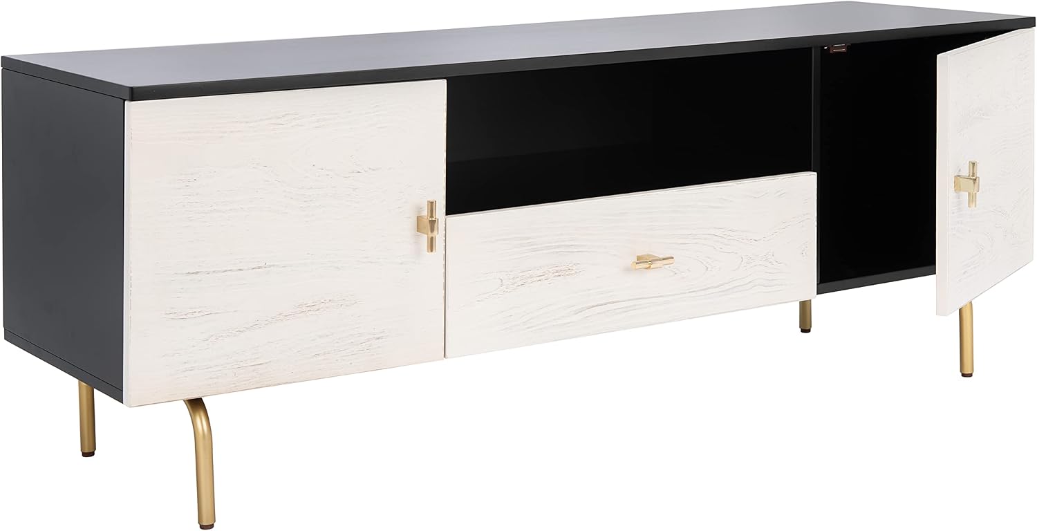 SAFAVIEH Genevieve TV Stand for up to 65' Flatscreen – Black & White Washed Finish, Mid-Century Modern Storage Cabinet, Entertainment Media Console (MED5000B)