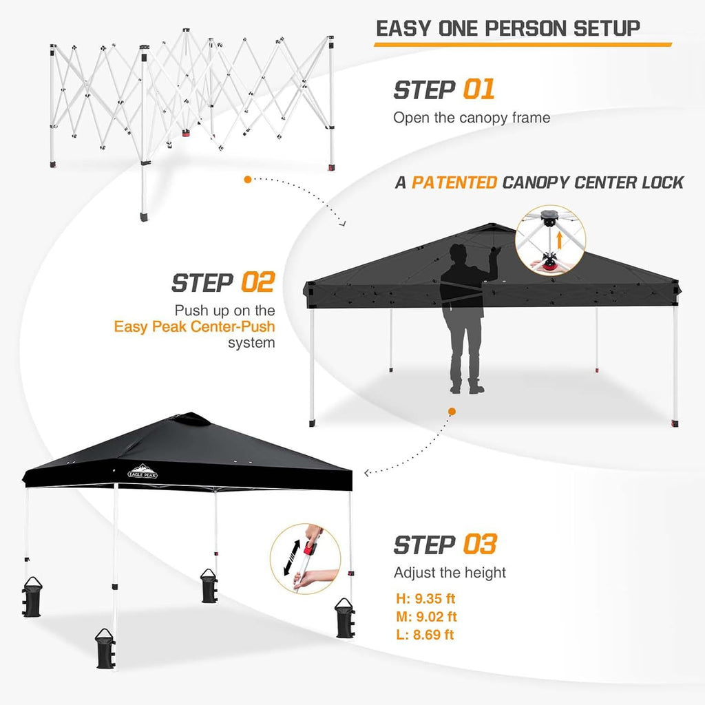 EAGLE PEAK Pop Up Canopy Tent with Wheeled Carry Bag, 8 Stakes, 4 Ropes, 4 Weight Bags, Easy Set Up Tent Canopy, 10x10 ft, 100sqft of Shade, Black