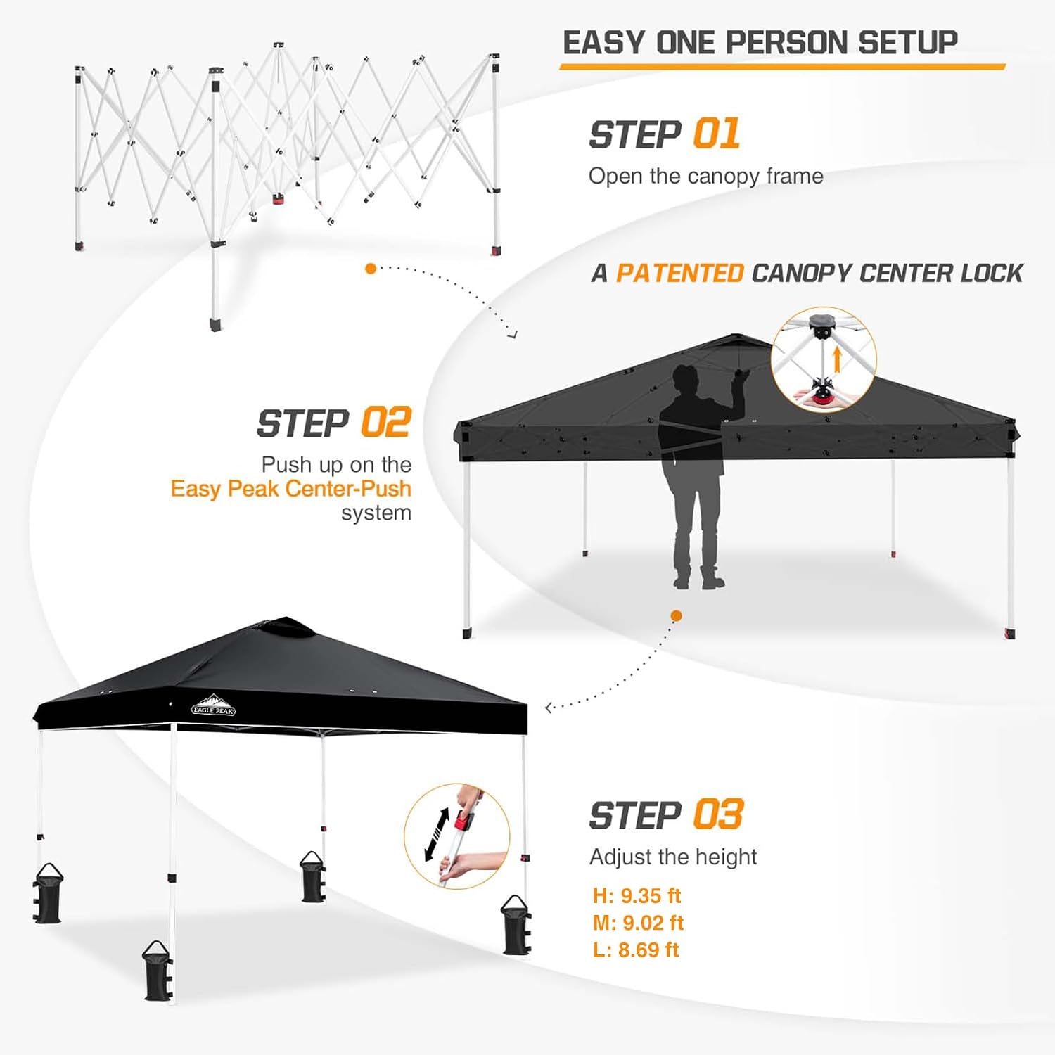 EAGLE PEAK Pop Up Canopy Tent with Wheeled Carry Bag, 8 Stakes, 4 Ropes, 4 Weight Bags, Easy Set Up Tent Canopy, 10x10 ft, 100sqft of Shade, Black