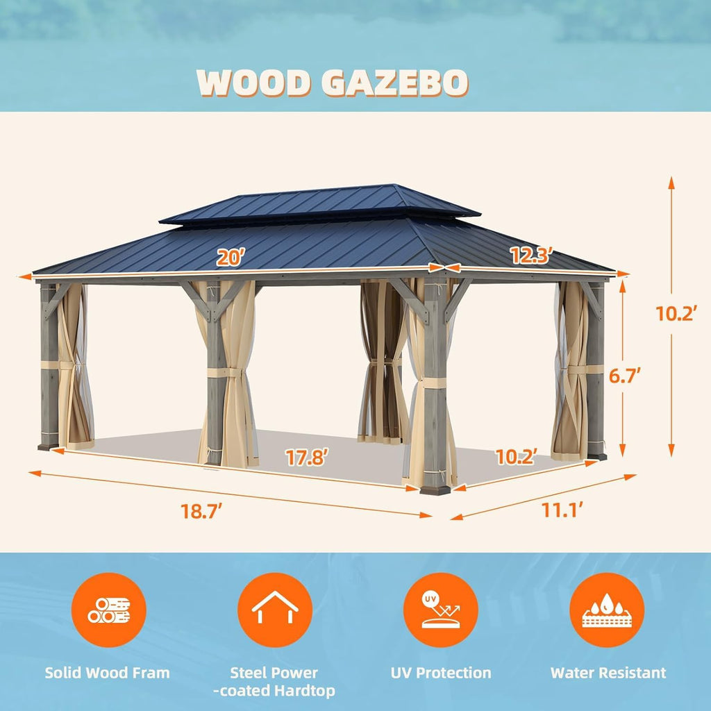 YOLENY 12' x 20' Outdoor Hardtop Gazebo, Cedar Wood Framed Gazebo with Powder Coated Metal Roof for Gardens, Patios, Lawns,Vintage Grey