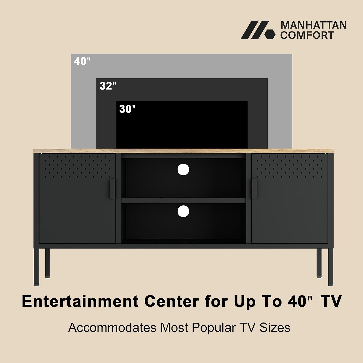 Manhattan Comfort Landen 47' Modern Metal TV Stand with Storage Cabinets & Open Shelves, Holds Up to 40' Screen, TV Console with Natural Wood Top, Cable Management, Adjustable Legs, Black