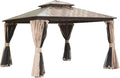 12'x12' Hardtop Gazebo, Pent Outdoor Gazebo with Polycarbonate Double Roof, Aluminum Gazebo Pavilion with Curtain and Net for Garden, Patio, Lawns, Deck, Backyard(Brown)