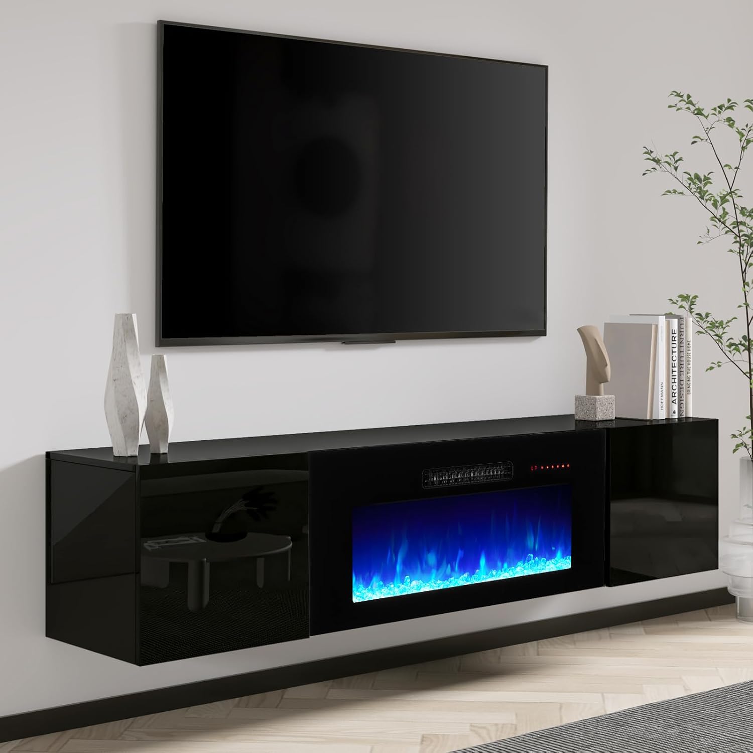 AMERLIFE Floating TV Stand with 36' Electric Fireplace, High Gloss Finish Wall Mounted Fireplace Entertainment Center with Storage for TVs Up to 78', Black
