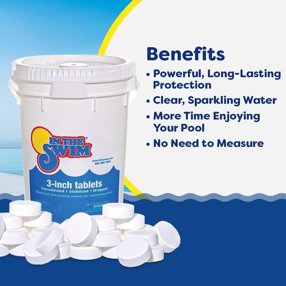 In The Swim Chlorine and Shock Bundle for Sanitizing Swimming Pools – Includes 50 Pound Bucket of 3 Inch Stabilized Chlorine Tablets and 25 Pound Bucket of 68% Cal-Hypo Pool Shock