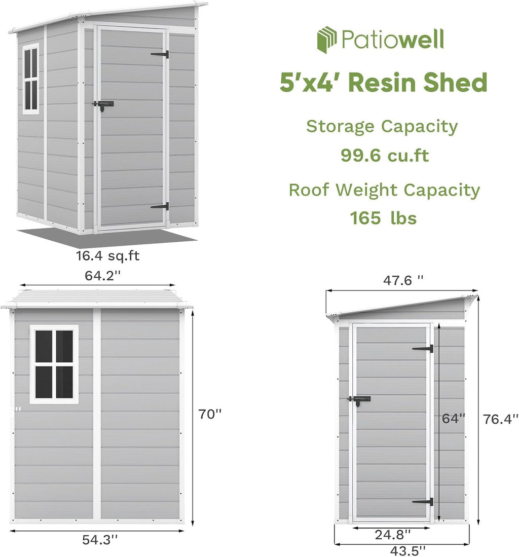 Patiowell 5x4 FT Outdoor Storage Shed with Floor, Resin Outside Storage Shed with Floor & Lockable & Window Door for Patio Furniture, Garden Tools and Bicycle, Light Gray