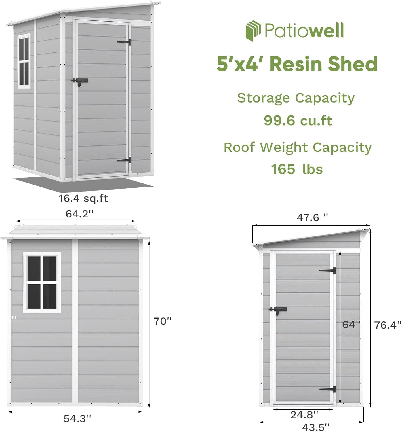 Patiowell 5x4 FT Outdoor Storage Shed with Floor, Resin Outside Storage Shed with Floor & Lockable & Window Door for Patio Furniture, Garden Tools and Bicycle, Light Gray