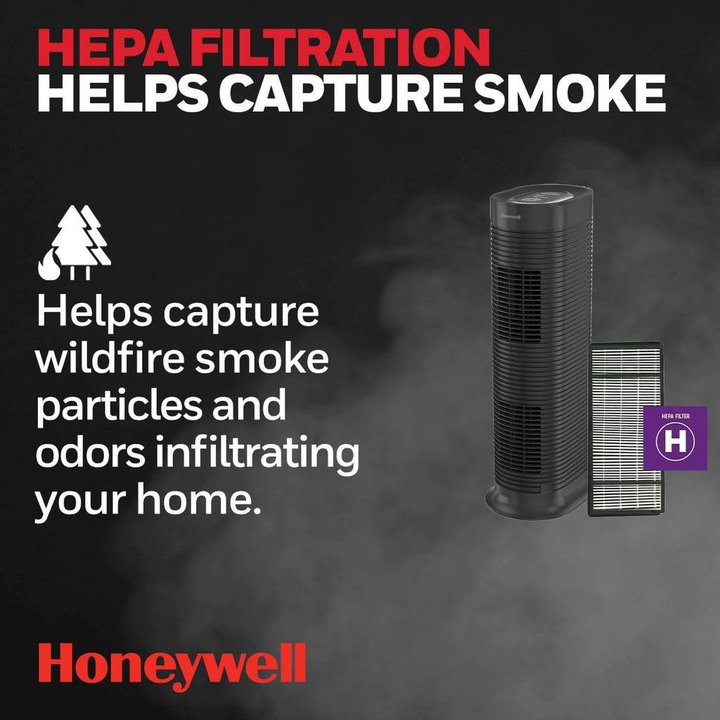 Honeywell HPA160 HEPA Allergen Plus Tower Air Purifier, Allergen Reducer for Medium-Large Rooms (170 sq ft), Black - Wildfire/Smoke, Pollen, Pet Dander, and Dust Air Purifier