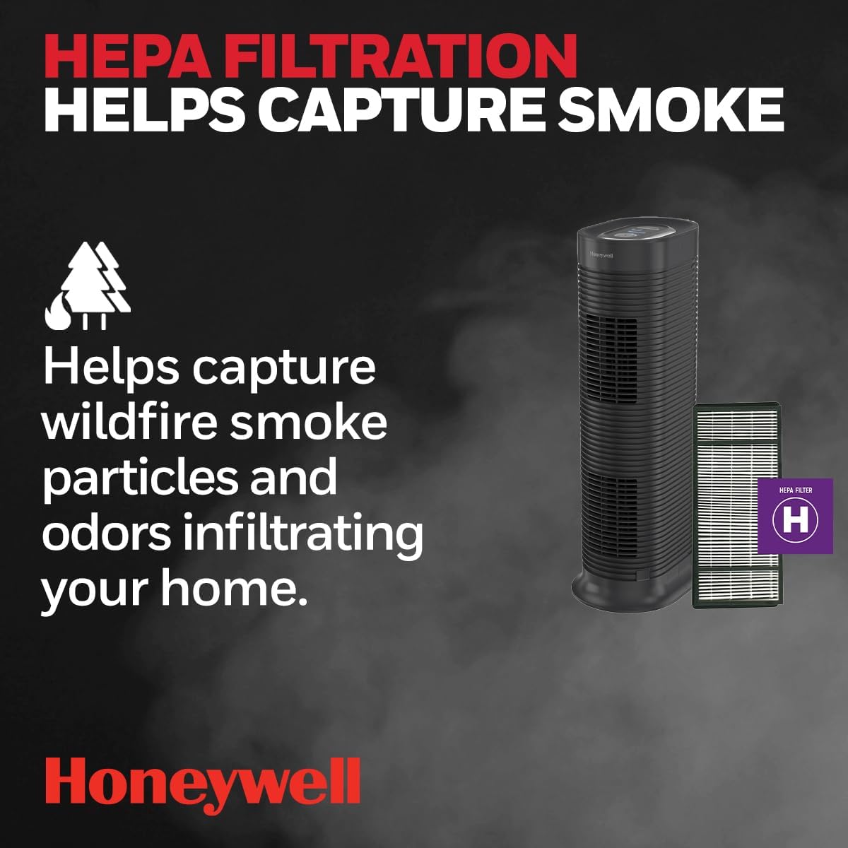 Honeywell HPA160 HEPA Allergen Plus Tower Air Purifier, Allergen Reducer for Medium-Large Rooms (170 sq ft), Black - Wildfire/Smoke, Pollen, Pet Dander, and Dust Air Purifier