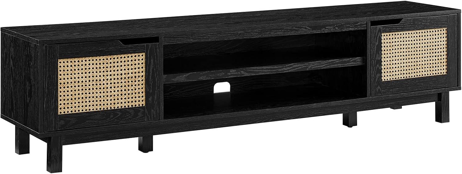 Walker Edison Destin Modern Minimal Rattan-Door TV Stand for TVs up to 80 Inches, 70 Inch, Black