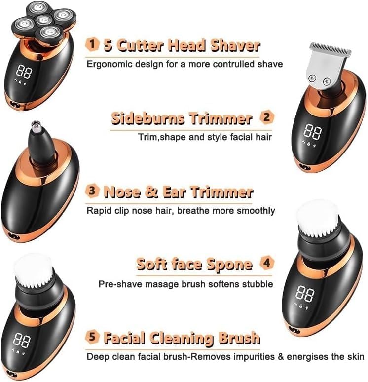 Electric Shavers for Men, 5 in 1 Electric Shaver for Men Beard Hair Trimmer Electric Razor 5D Floating 5 Blade Heads Electric Nose Hair Trimmer LCD Display