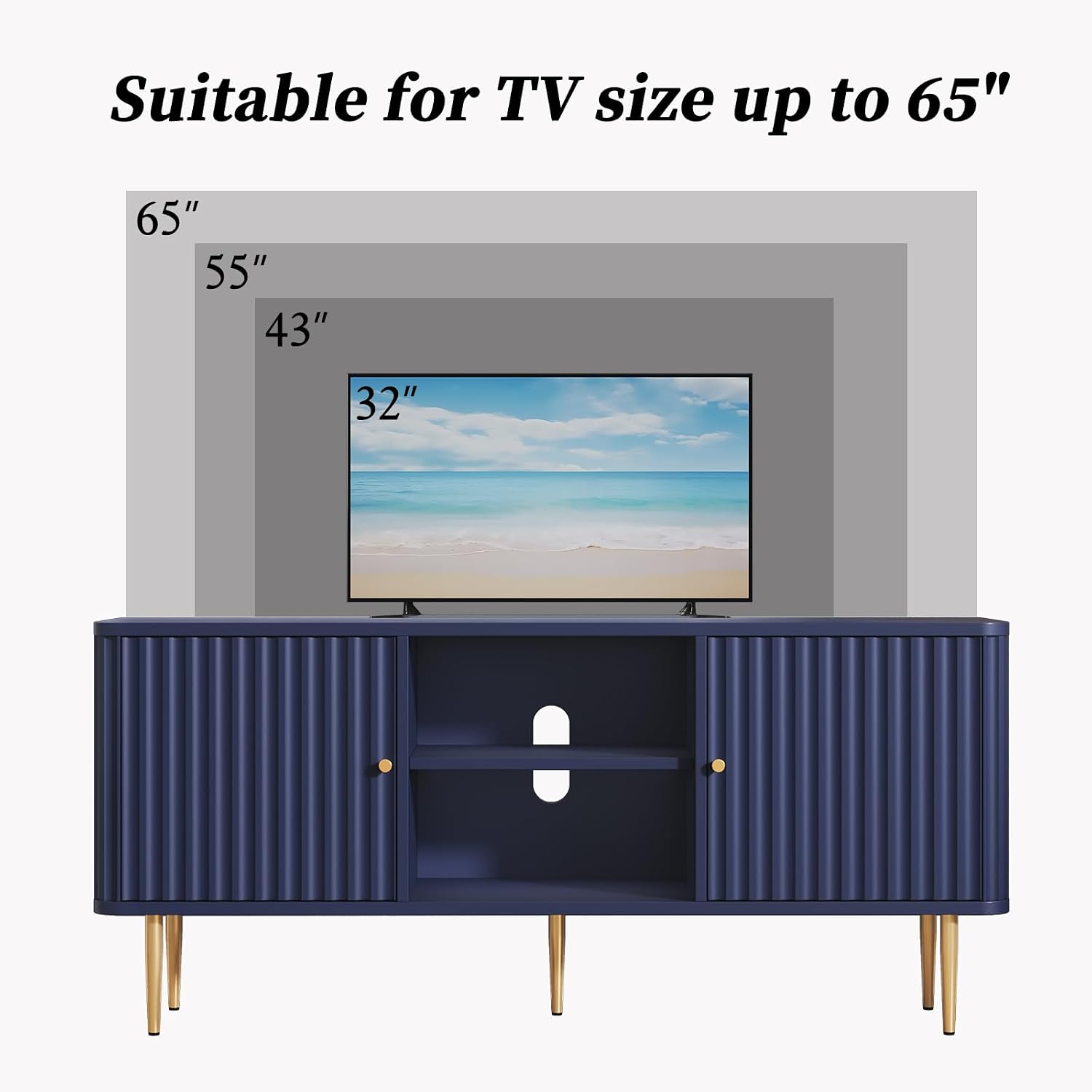 ARTPOWER 55' Fluted TV Stand, Mid Century Modern Blue TV Stand for 55/60/65 inch TV, Entertainment Center with Storage, Television Stands, TV Console, Media Console for Living Room, Bedroom (Blue)