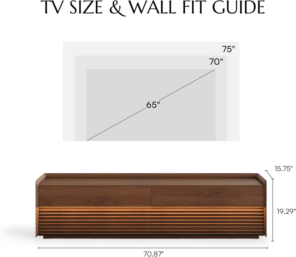POVISON Fully-Assembled Mid Century Modern TV Stand, 70.87' Wood Media Console with Adjustable LED Light, Entertainment Center with Storage for Living Room