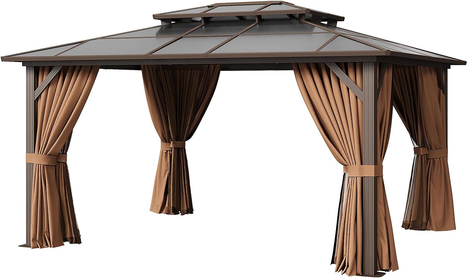 12' x 14' Double Roof Gazebo with Polycarbonate Panels – Durable Aluminum Frame, Outdoor Pavilion with Curtains for Patio, Garden & Backyard