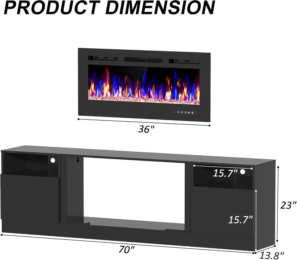 Fireplace TV Stand for 80 Inch TV, TV Stand with 36' Fireplace, LED Light Entertainment Center with Storage Cabinets, Media TV Console TV Table for Living Room, Black
