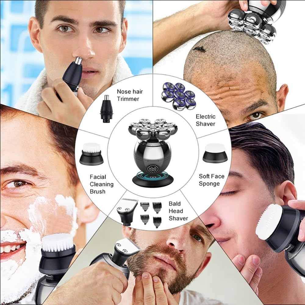 Head Shaver for Men, 5 in 1 7D Floating Cutter Head Base Charging Portable Electric Shaver Men Beard Trimmer Clipper Skull Shaver Waterproof Shaving Machine (Color : OneColor)