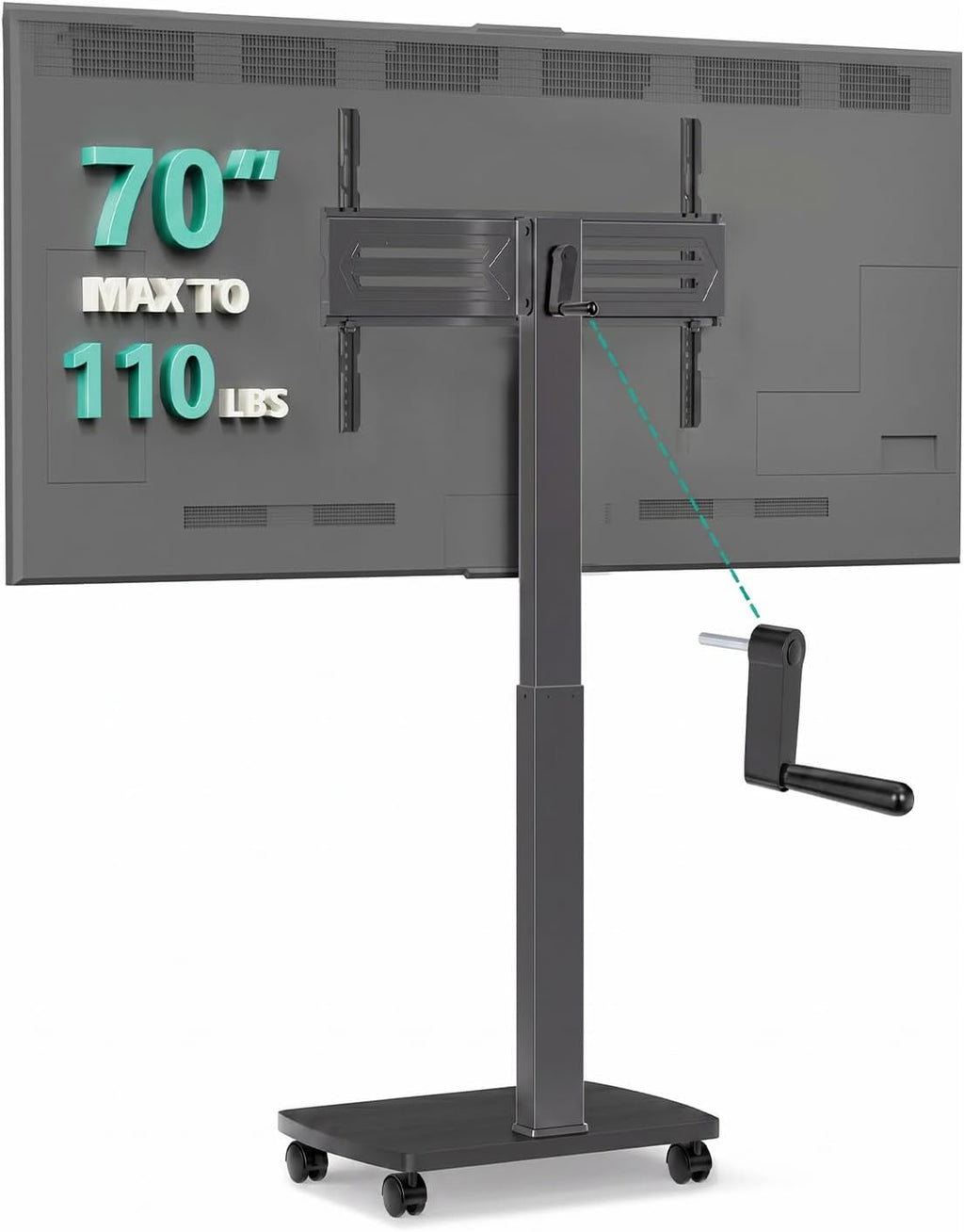 WALI Rolling TV Stand with Hand Crank Lift, Mobile Tall Television Stand Mount on Wheels for 30-70' TVs up to 110 lbs, Swivel Height Adjustable TV Cart with Wood Base for Bedroom(TVDVD-7MR), Black