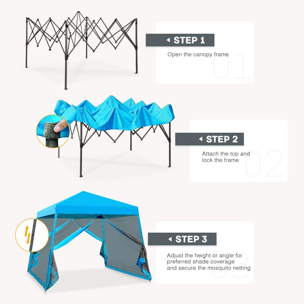 COOS BAY 10x10 Pop Up Canopy Tent with Screen Netting, Slant Leg Canopy with UPF 50+ UV Protection, 64 Sq Ft Shade, One Person Setup with Carry Bag, Light Blue
