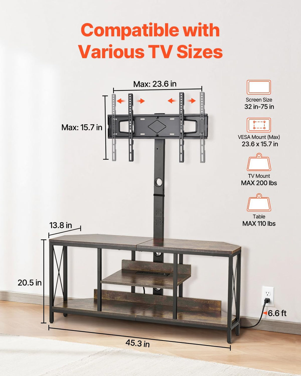 VEVOR 45' TV Stand with Mount for up to 75 in TVs, Entertainment Center with Power Outlet & LED Lights, Height Adjustable TV Console with Mount with 3 Tiers Storage Cabinets for Bedroom, Living Room