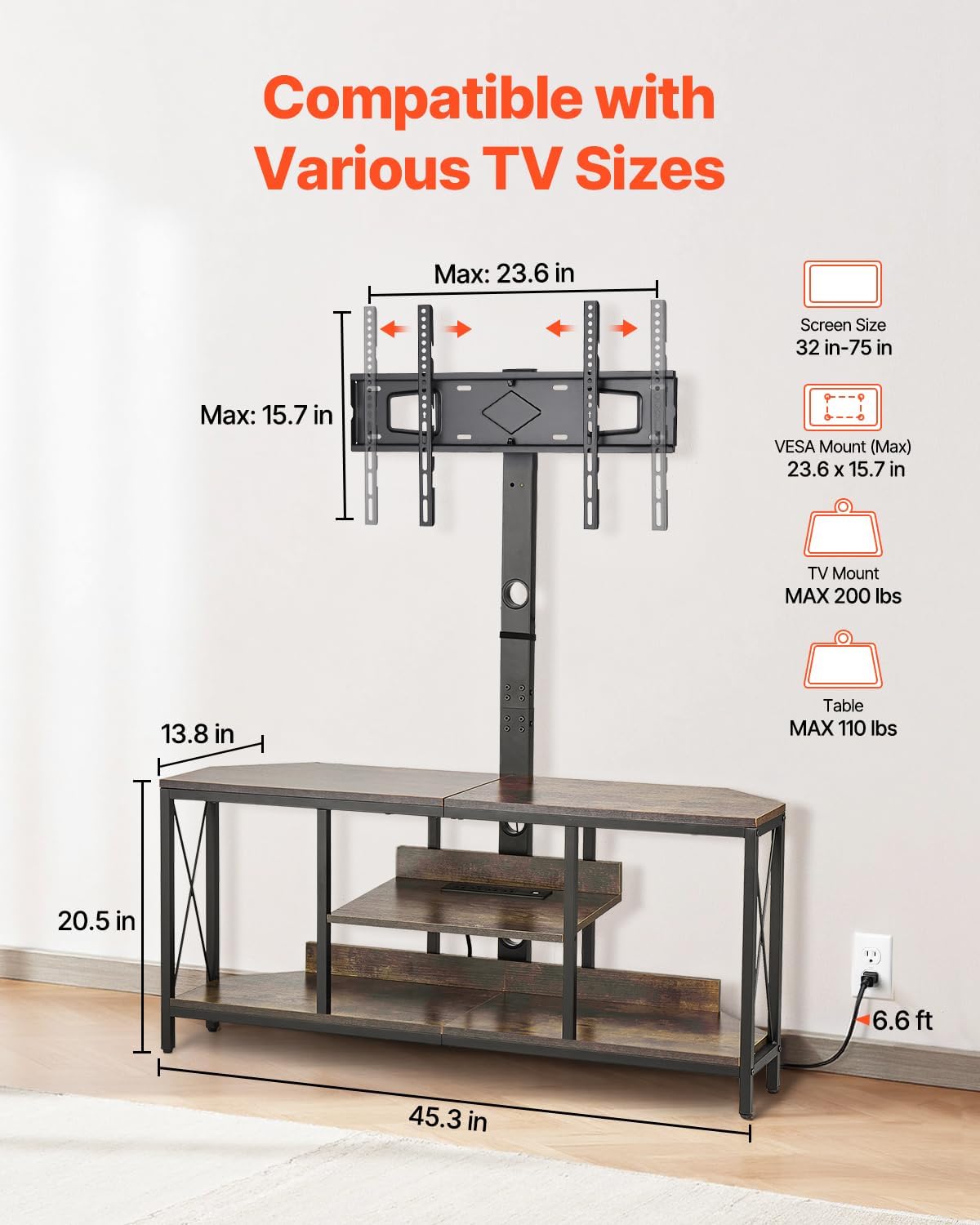 VEVOR 45' TV Stand with Mount for up to 75 in TVs, Entertainment Center with Power Outlet & LED Lights, Height Adjustable TV Console with Mount with 3 Tiers Storage Cabinets for Bedroom, Living Room