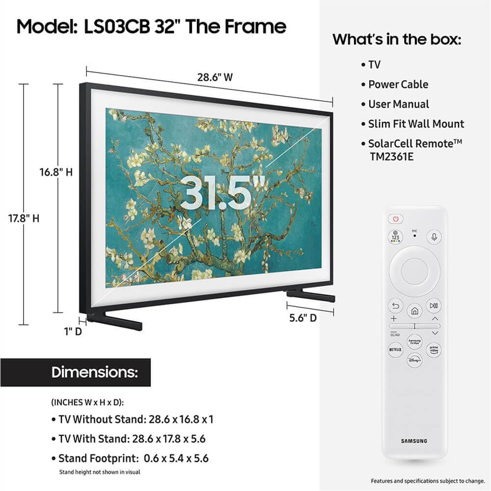 Samsung 32-Inch Class QLED 4K LS03B Series The Frame Quantum HDR Smart TV QN32LS03BBF Includes,QN32LS03BBFXZA
