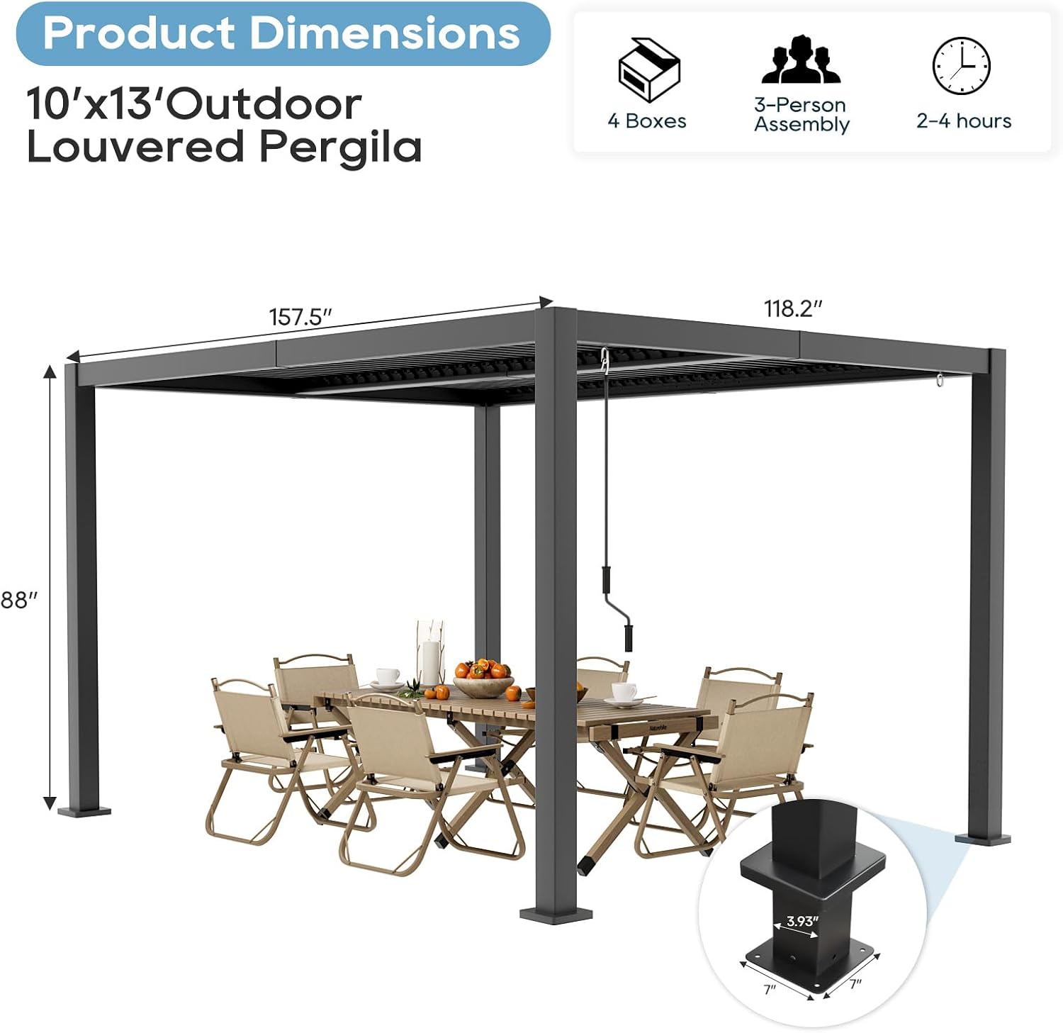 10' x 13' Aluminum Louvered Pergola with Gutter Drainage System, Outdoor Hardtop Gazebo with Adjustable Roof, All-Weather Metal Pergola for Patio, Garden, Deck(Black)