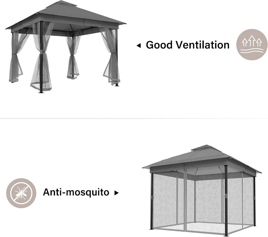 LAUSAINT HOME 10'x10' Outdoor Patio Gazebo with Mosquito Netting, Double Roof Outdoor Gazebo Pavilion Shelter for Backyard, Garden, Lawn, Wedding (Grey)