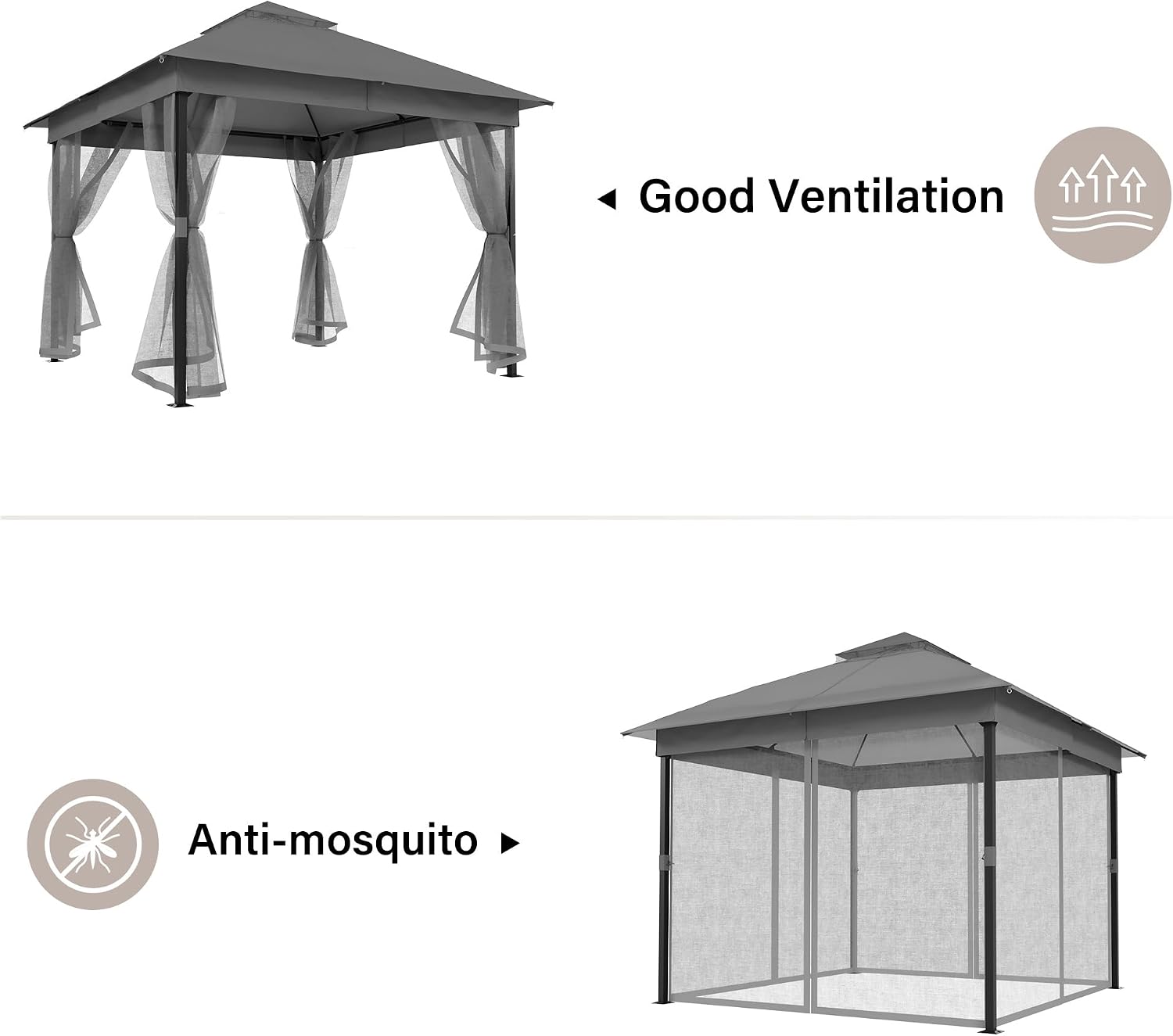 LAUSAINT HOME 10'x10' Outdoor Patio Gazebo with Mosquito Netting, Double Roof Outdoor Gazebo Pavilion Shelter for Backyard, Garden, Lawn, Wedding (Grey)