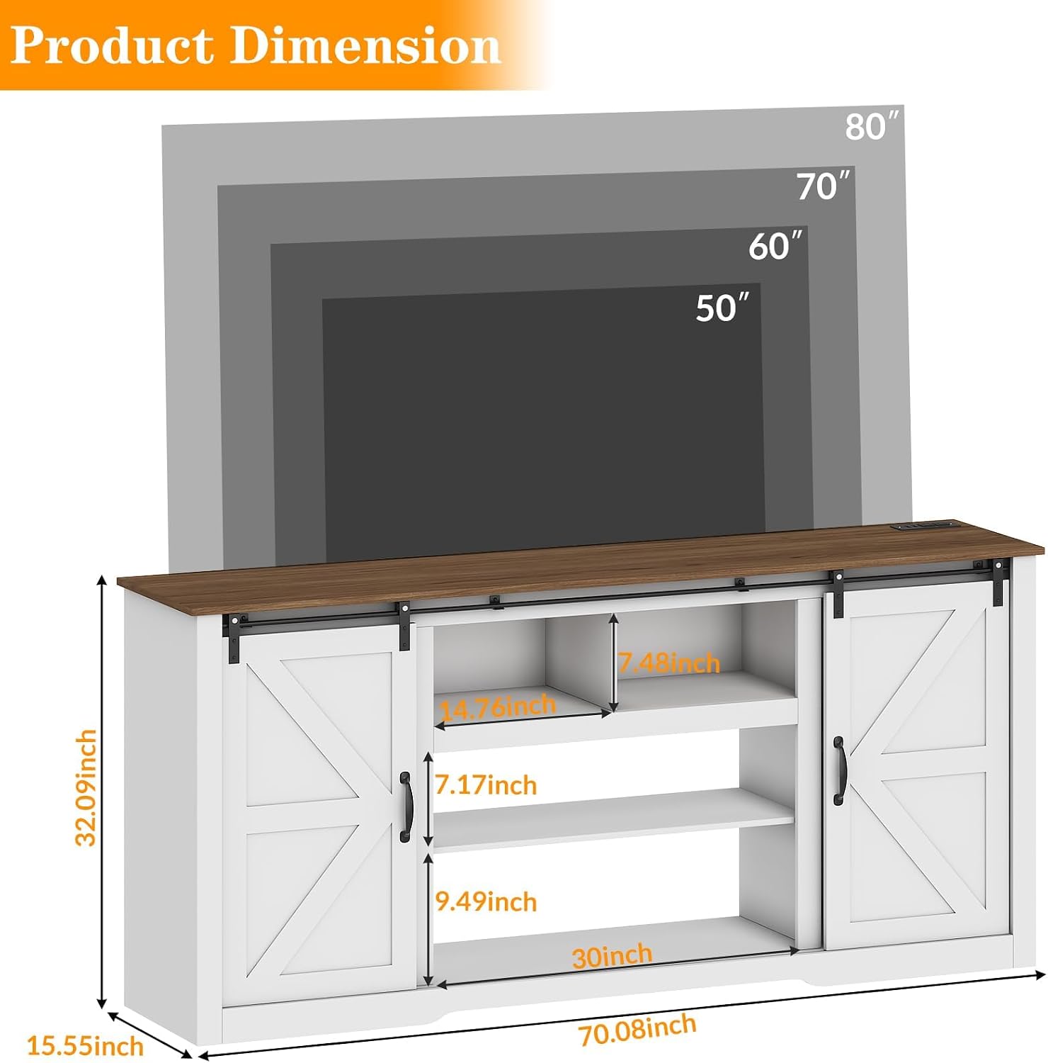 GarveeHome 70' Farmhouse TV Stands for 80-85' TVs, Rustic Wooden Entertainment Center with Adjustable Shelves & Sliding Barn Door, TV Console Table with Open Storage for Home, White+Brown Top