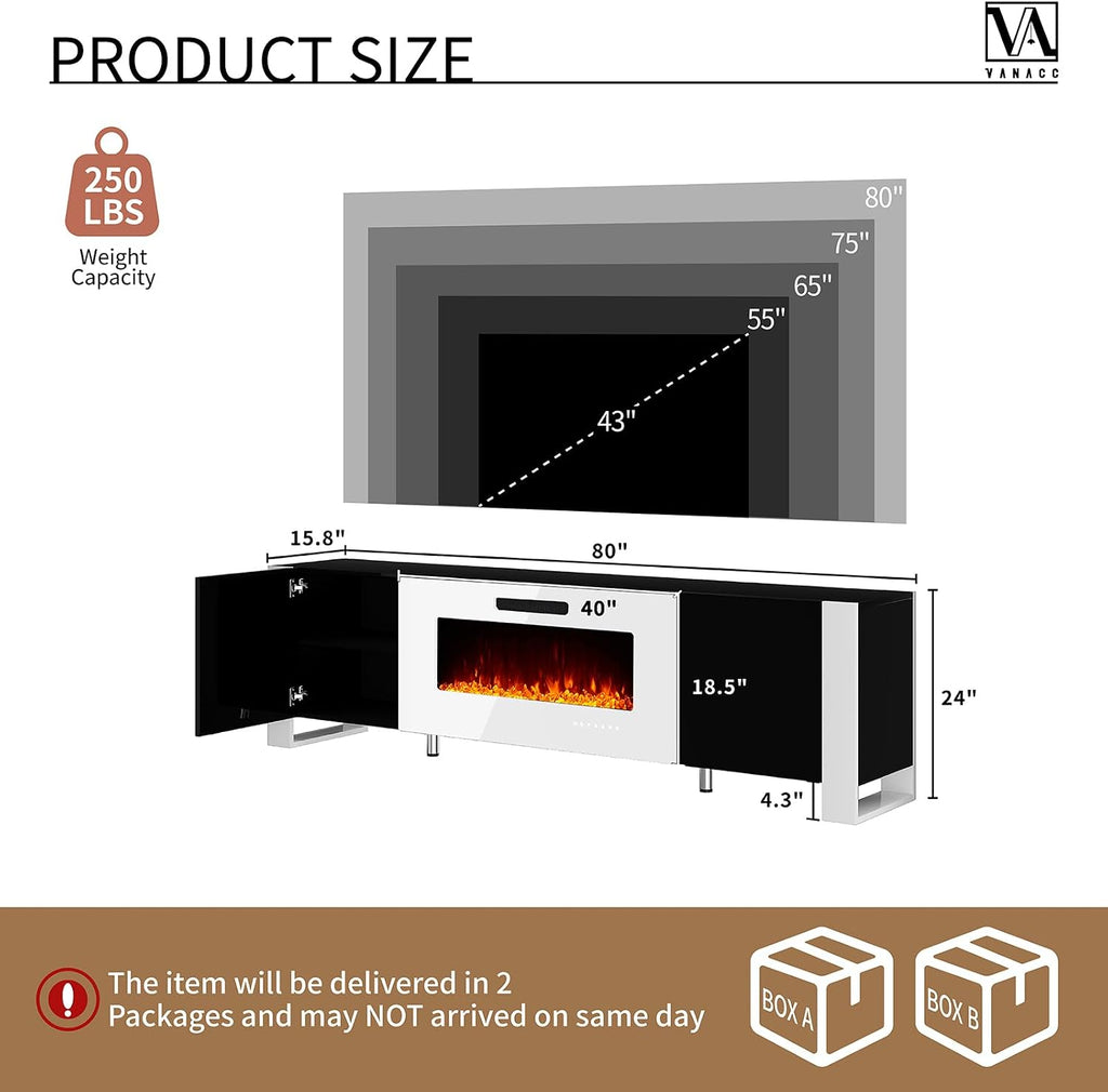 VanAcc 80' Fireplace TV Stand with 40' Electric Fireplace, High Gloss Entertainment Center with LED Lights, Modern Entertainment Stand for TVs up to 90', Black&White